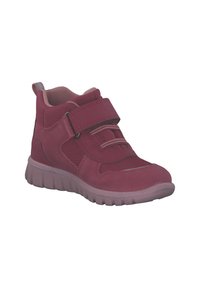 Scarpe high-top bordeaux in suede e mesh, con una chiusura in velcro e lacci elastici, e una suola grigia Texturizzata.