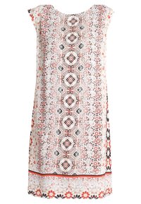 Robe sans manches à motif floral coloré avec un col rond ; principalement blanche avec des accents roses, noirs et orange, et un ourlet contrastant.