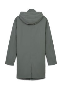 Parka leggera con cappuccio in grigio tenue. Presenta una silhouette dritta, maniche lunghe e una fessura sulla schiena per facilitare i movimenti.