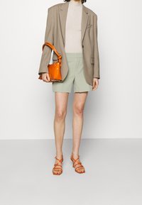 Beige sako přes světle šedý top, pastelově zelené šortky, oranžová kabelka a oranžové sandály na podpatku. Hladké textury s pevnými tvary.