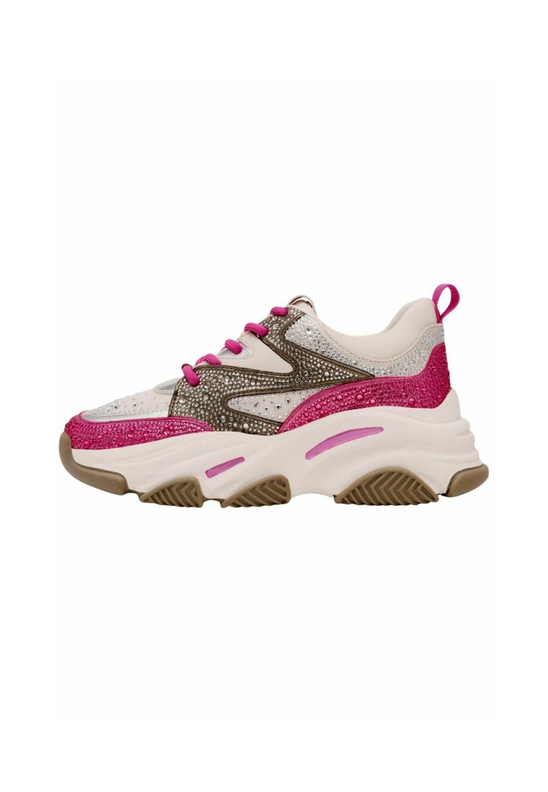 Chunky sneakers with a white, pink, and brown color scheme, featuring sparkling accents, textured upper, and a thick sole with grip pattern.