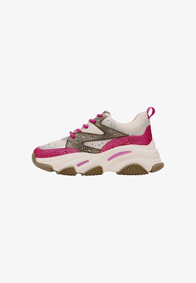 Chunky sneakers with a white, pink, and brown color scheme, featuring sparkling accents, textured upper, and a thick sole with grip pattern.