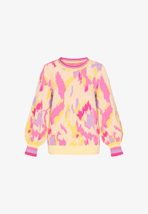 Pletený svetr v jemně žluté barvě, s živým abstraktním vzorem v růžové a levandulové barvě, s rozšířenými rukávy a žebrovanými růžovými manžetami.