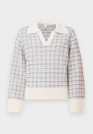 Maglione a maniche lunghe lavorato a maglia con colletto, polsini e orlo a coste bianchi, caratterizzato da un motivo a scacchi testurizzato blu e bianco.