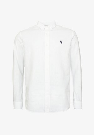 Fehér, hosszú ujjú, gombos ing, könnyű lenvászon keverékből készült, klasszikus gallérral és egy kis sötétkék logóval a mellkasán.