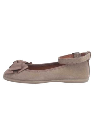 Brown suede ballet flat with a rounded toe, elasticized ankle strap, and a large bow detail on the front. Smooth sole with minimal grip.