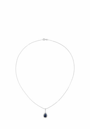 Sølvkæde med en dråbeformet blå sten omgivet af en tekstureret sølvramme og med et delikat lås.