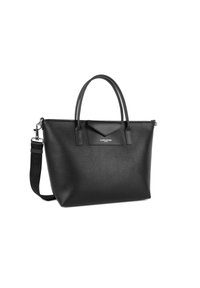 Borsa a tracolla in pelle nera con texture, due manici superiori, una tracolla rimovibile e una chiusura a triangolo frontalmente.