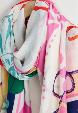 Lehký šátek s barevným květinovým a abstraktním vzorem v růžových, modrých, zelených a žlutých tónech; měkká, hladká textura.