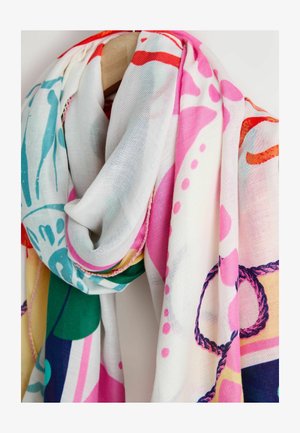 Ľahký šál s farebným kvetinovým a abstraktným vzorom v odtieňoch ružovej, modrej, zelenej a žltej; jemná, hladká textúra.