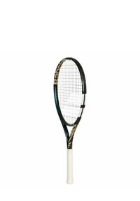 Tennisracket mit schwarzem Rahmen, goldenen Akzenten und einem weißen Griff. Der Kopf hat ein Netzmuster aus Saiten und eine tropfenförmige Form.