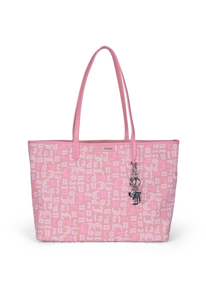 Borsa tote rosa con superficie testurizzata, caratterizzata da un motivo ripetuto di logo in un rosa più chiaro, dotata di doppi manici e di un charm di accento.