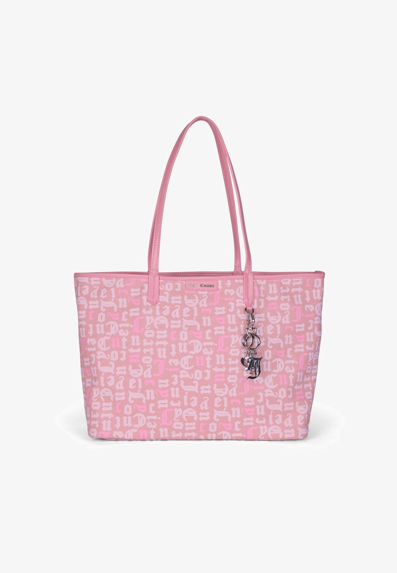 Borsa tote rosa con superficie testurizzata, caratterizzata da un motivo ripetuto di logo in un rosa più chiaro, dotata di doppi manici e di un charm di accento.