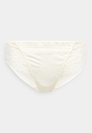 Bokserki z koronkowym wykończeniem w kolorze kremowym, z gładkim satynowym wykończeniem, kwiatowymi haftami oraz klasycznym krojem z średnim stanem.