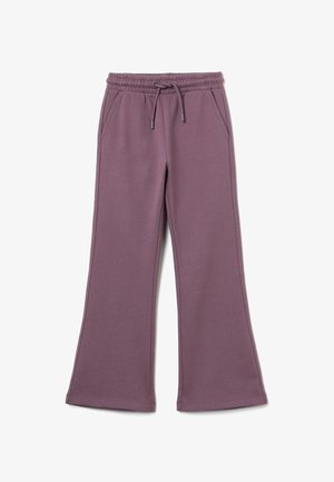 Zachte, paarse, uitlopende sweatpants met een elastische tailleband, een trekkoord en zijvakken. De stof heeft een gladde textuur.
