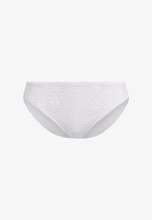 Witte bikini onderkant met een gestructureerd geometrisch patroon. Kenmerkt zich door zachte stof en gladde randen, ontworpen voor comfort en pasvorm.