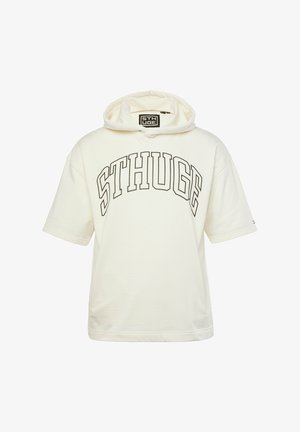 Felpa corta con maniche a girocollo di colore crema realizzata in tessuto morbido, caratterizzata da un grande logo "STHUGE" in nero sul petto.