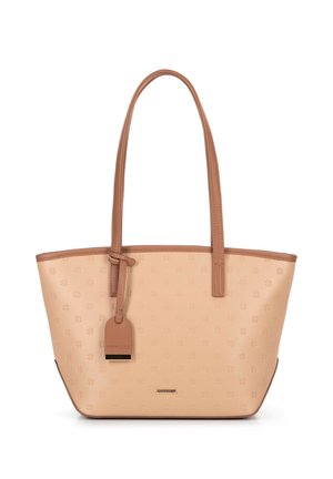 Beige synthetic tote bag with light brown handles, embossed pattern, attached leather tag, and a structured shape. Smooth texture.