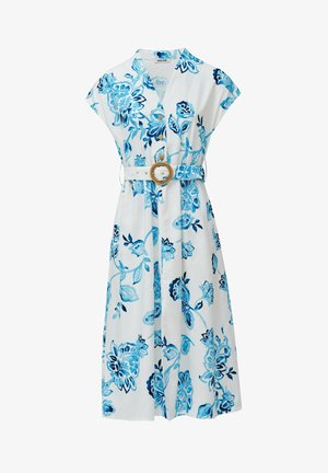White floral dress with blue patterns, short sleeves, a belt featuring a round, woven buckle, and a knee-length design.