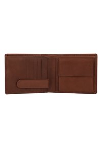 Brown leather wallet with a smooth texture, featuring six card slots, a vertical ID pocket, and a tab closure.