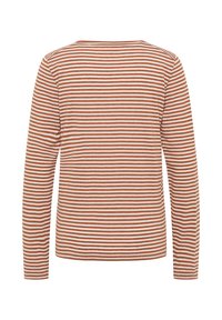 Langärmliges gestreiftes Hemd mit Rundhalsausschnitt, mit abwechselnden Rost- und Creme-Streifen sowie einer weichen, glatten Textur.