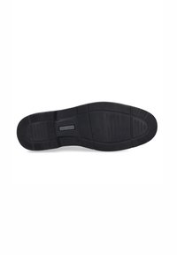 Black rubber sole with textured surface and ridges for grip. Features a flat design and an unembellished look with a branded detail.