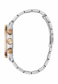 Orologio da polso cronografo in tonalità argento e oro, con cassa rotonda e tre pulsanti sul lato, dotato di un bracciale in metallo lucido.