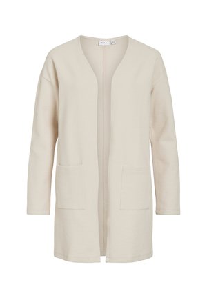 Cárdigan beige de ajuste relajado, fabricado con tela texturizada. Cuenta con mangas largas y dos bolsillos delanteros. Diseño de frente abierto sin cierres.