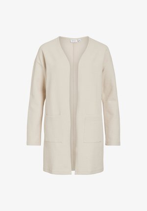 Beige cardigan med løs pasform, lavet af tekstureret stof. Har lange ærmer og to forlommer. Åben front uden lukninger.