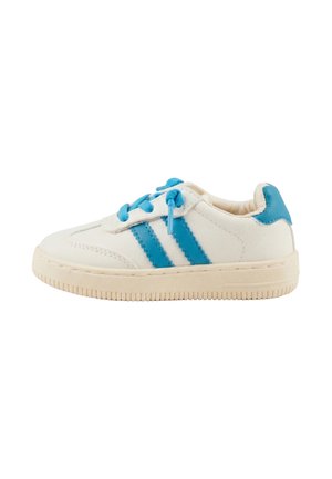 White low-top sneaker with blue stripes, blue laces, and a beige sole, shown from the side on a white background.