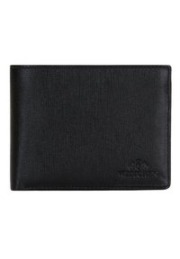 Black leather wallet with a textured surface, bi-fold design, and embossed logo on the lower right corner.