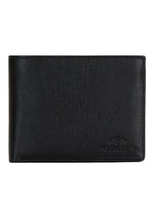 Black leather wallet with a textured surface, bi-fold design, and embossed logo on the lower right corner.