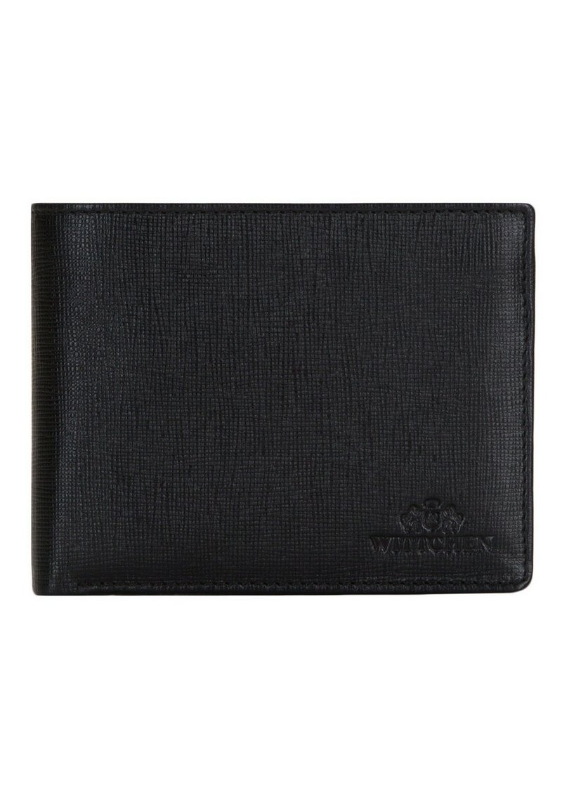 Black leather wallet with a textured surface, bi-fold design, and embossed logo on the lower right corner.