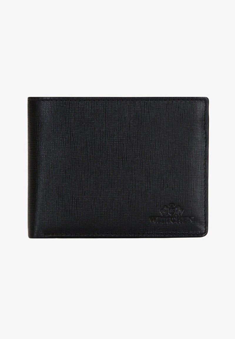Portafoglio in pelle nera con superficie testurizzata, design a doppia piega e logo in rilievo nell'angolo in basso a destra.