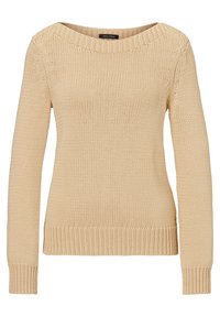Pull tricoté beige avec un large col bateau, manches longues, poignets et ourlet côtelés, présentant un matériau texturé et une étiquette logo discrète.