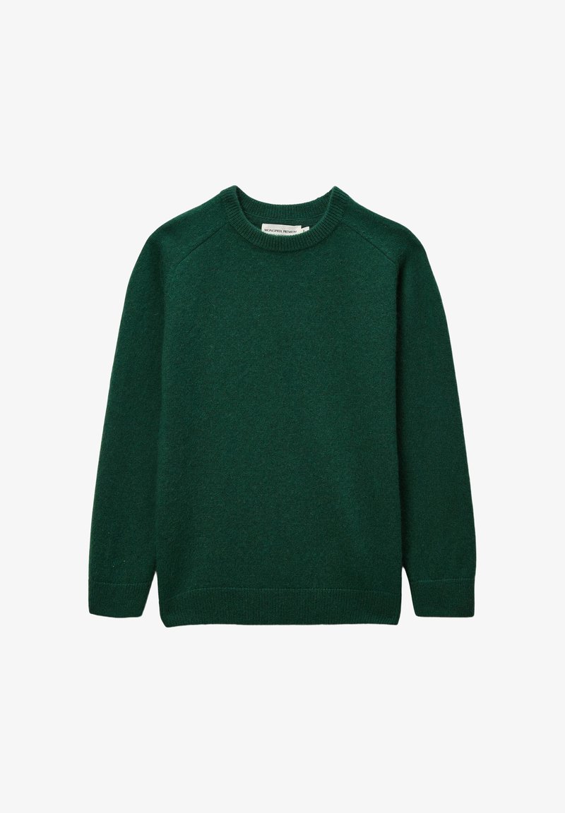 Pull en tricot vert avec un col rond, des manches raglan longues, des poignets et un ourlet côtelés, et une texture douce. Idéal pour les superpositions.
