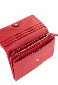 Red leather wallet with a textured finish. Features a button closure, multiple card slots, and a zippered compartment for coins or small items.