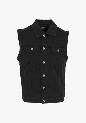 Črna brezrokavnik iz jeansa z ovratnikom, zapiranjem z gumbi spredaj in dvema žepoma na prsih z gumbi.