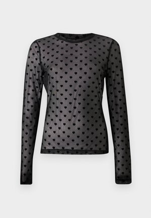 Haut noir à manches longues en maille transparente avec de petits motifs de cœurs noirs unis partout et un col rond.