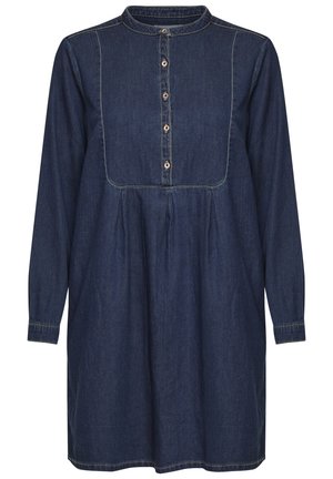 Vestido largo de manga larga de mezclilla azul oscuro con cuello redondo, botonadura delantera con cinco botones y detalle de canesú cosido.