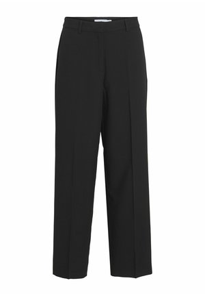 Pantalones negros de tejido suave, con un corte recto, una cinturilla con pasadores para cinturón y pliegues frontales para mayor estructura.