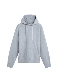 Sudadera con capucha gris, con un bolsillo tipo canguro en el frente, cordones y puños de canalé. Fabricada con un tejido suave y texturizado.