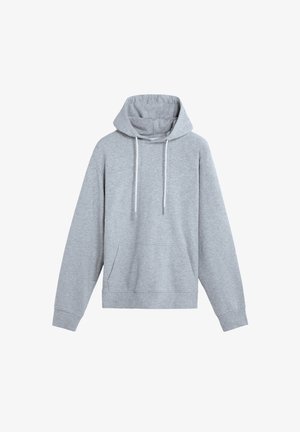 Sudadera con capucha gris, con un bolsillo tipo canguro en el frente, cordones y puños de canalé. Fabricada con un tejido suave y texturizado.