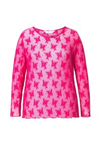 Langärmliges Oberteil aus durchsichtiger pinkfarbener Stoff mit einem Blumenmuster und gewellten Kanten entlang des Ausschnitts und dem Saum.