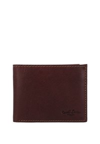 Brown leather wallet with a textured finish, featuring contrasting beige stitching and a debossed logo. Compact rectangular design.