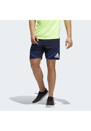 Shorts de sport navy avec lignes accentuées bleues et logo Adidas. Fabriqués en matériau léger, conçus pour le confort et l'agilité lors des mouvements.