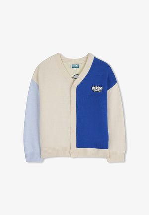 Cardigan crème, bleu et bleu clair avec col en V, devant boutonné, et logo "KENZO PARIS" sur la poitrine droite.