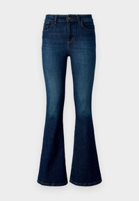 Mörkblå utsvängda jeans i denim med hög midja, framfickor och subtil blekning längs låren. Enkel metallknapp som stängning.