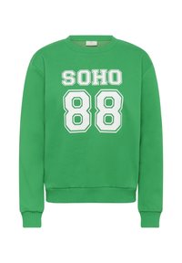 Zelená mikina vyrobená z bavlny, s kulatým výstřihem a dlouhými rukávy. Na přední straně je v bílém natištěn nápis "SOHO 88".