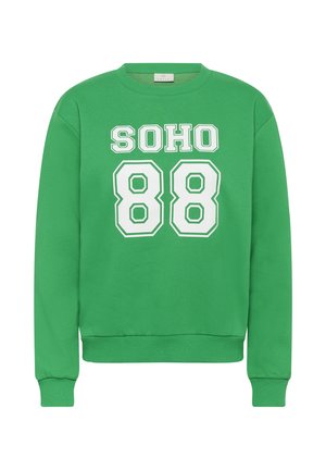 Felpa verde in cotone, con collo rotondo e maniche lunghe. Ha stampato in bianco "SOHO 88" sul davanti.